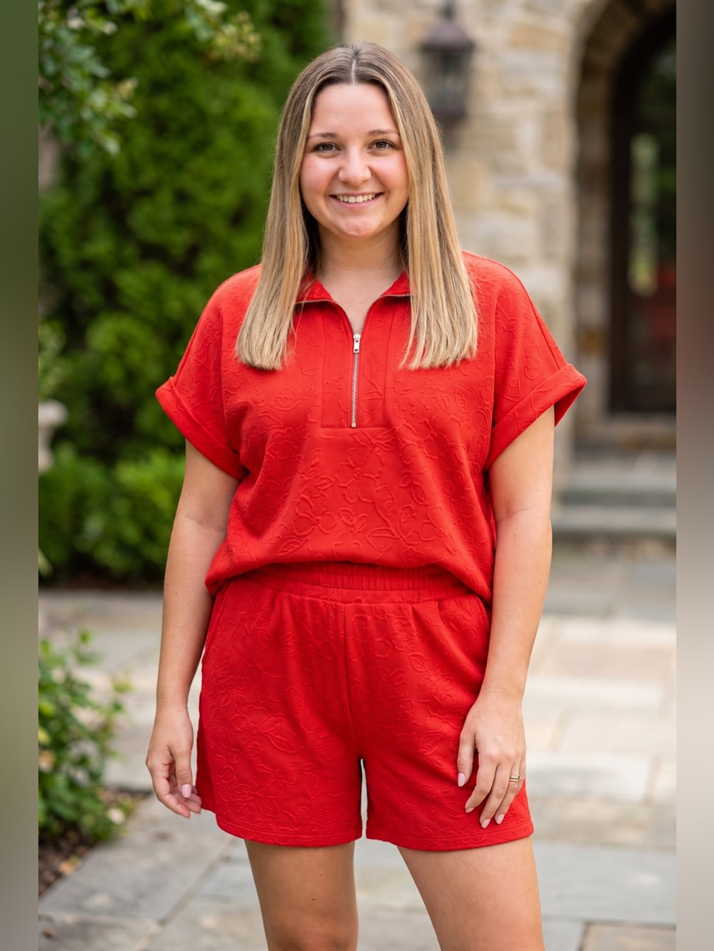 Dear Scarlett Women's Red Short-Sleeve Zip Polo Top and Two Piece Short Set